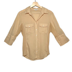 Standard James Perse 3 Large Tan Ribbed Panel Button Front Shirt 3/4 Sleeve Top